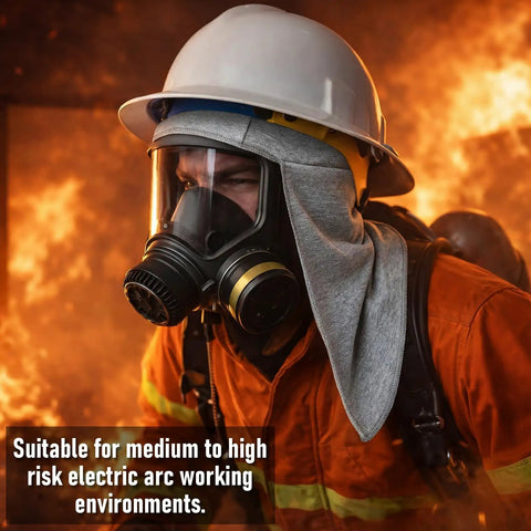 Worker wearing helmet with Flame Resistant FR Hard Hat Liner Sun Shade With Cotton Neck Protector and Ear Coverage in high-risk environment