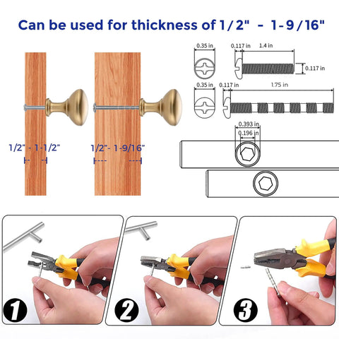 Champagne Bronze Mini Round Cabinet Knobs Set 1 Inch Diameter installation guide, shows fitting process and measurements, 30 Pack