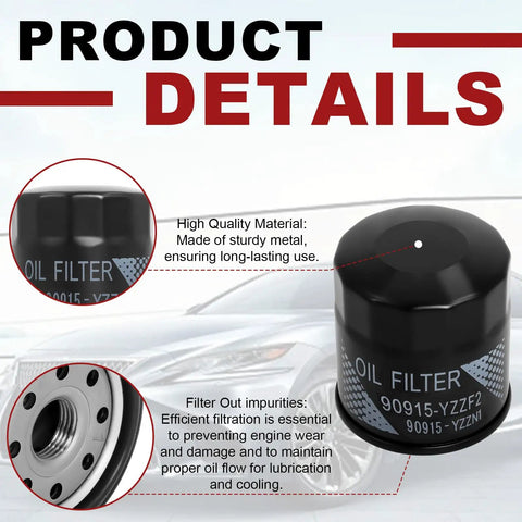 12 Pack Oil Filter Kit With Drain Plug Washers For Toyota Vehicles Fits RAV4 Camry Corolla Prius Avalon Highlander Scion Replaces OE Numbers 90915 YZZF2 90915 YZZN1 90915 YZZM3 displayed with details of the sturdy metal construction and filtration benefits.
