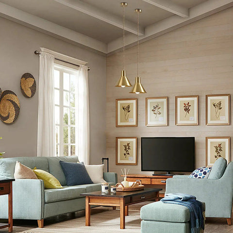 Living room with Brushed Gold Modern Cone Pendant Light For Kitchen Island And Hallway Brass Hanging Ceiling Lamp