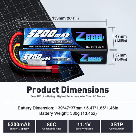 Beefy 3S 5200mAh 11.1V RC LiPo Battery Hard Case 80C With T Connector For RC Cars Boats Trucks Planes Helicopters Racing Models 2 Pack, Compact 138x47x37mm, 380g Ready For High Speed Action dimensions and specifications