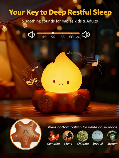 Lit Campfire Night Light Portable Flameless Candle With White Noise Cute Silicone Flame Lamp with soothing sound options.