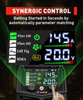 3 In 1 Flux MIG Arc And Lift TIG Welder 110V Inverter LCD screen displaying synergic control settings