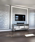 Living room with Silver Gray Peel And Stick Wallpaper 20.8 By 393 Inches Nonwoven 3D Floral Print Modern Wall Decor behind TV