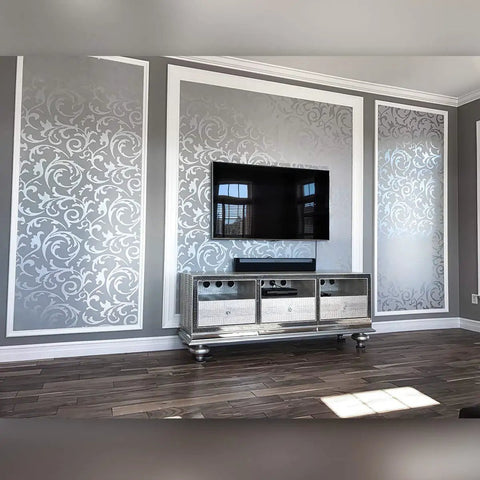 Living room with Silver Gray Peel And Stick Wallpaper 20.8 By 393 Inches Nonwoven 3D Floral Print Modern Wall Decor behind TV