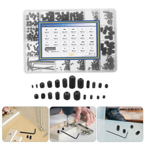 Homoyoyo Steel Set Screw Assortment Kit With Wrenches Includes 22 Sizes M2 To M8 Black Internal Drive Machine Screws displayed in storage case.