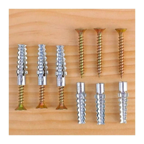 Heavy Duty Hollow Wall Anchor Kit Rock Solid Expansion Bolts For Drywall And Plaster No Sweat Installation Built Tough Setup Sweet Gear For Cabinet Hanging and Woodworking Projects, featuring metal expansion bolts and screws.