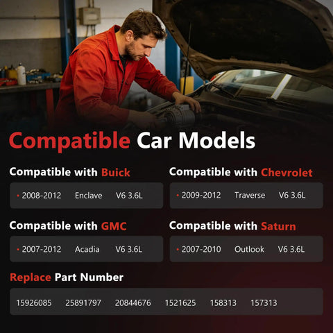 Image showing compatible car models for Beefy Ac Compressor With Clutch For Chevy Traverse Gmc Acadia Buick Enclave Saturn Outlook Three Point Six Liter V6.