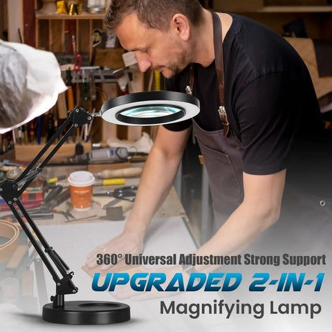 Person using 10X Magnifying Glass With LED Light on adjustable stand for crafts, showing flexible arm and stable 7.3 inch base