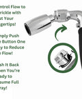 Lead-Free Metal Handheld Shower Head With No-Nonsense High-Pressure 2.0 GPM Spray, Trickle Valve with button and text instructions