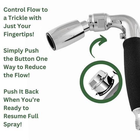 Lead-Free Metal Handheld Shower Head With No-Nonsense High-Pressure 2.0 GPM Spray, Trickle Valve with button and text instructions