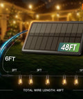 48ft solar panel and string lights display for 54 Foot Solar String Lights With USB Charging And Remote Control Dimmable LED Bulbs
