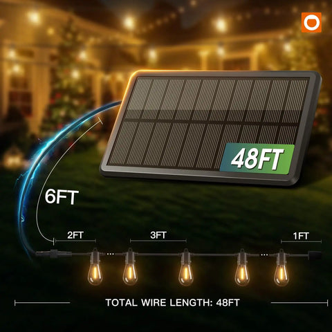 48ft solar panel and string lights display for 54 Foot Solar String Lights With USB Charging And Remote Control Dimmable LED Bulbs