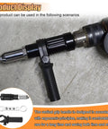 Cordless Pop Rivet Gun Adapter Kit With Four Rivet Heads 2.4mm 3.2mm 4.0mm 4.8mm For Quick On Demand Riveting And A Tough Aluminum Alloy Head Durable Nut Tool Easy Pop Riveter Insert connected to a drill with ergonomic handle.