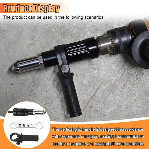 Cordless Pop Rivet Gun Adapter Kit With Four Rivet Heads 2.4mm 3.2mm 4.0mm 4.8mm For Quick On Demand Riveting And A Tough Aluminum Alloy Head Durable Nut Tool Easy Pop Riveter Insert connected to a drill with ergonomic handle.