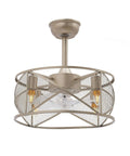 Ceiling Fan With Light 3 Blades Reversible Low Noise 22W for Bedroom, metallic design with mesh cover and visible bulbs.