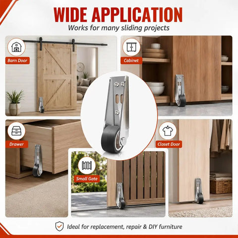Vertical Track Roller Wheel Rubber Sliding Door Support Roller With Heavy Duty Alloy Steel Bracket For Barn Door Cabinet Drawer Bottom Mount shown in use on various sliding applications.