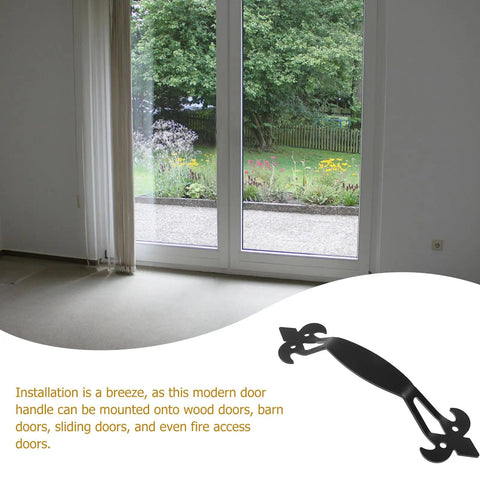 Black Iron Cabinet Door Handles for dresser drawers and wardrobes, vintage metal pulls for kitchen cupboards shown near glass door.