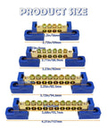 Heavy Duty Grounding Bus Bar Kit 4 Pack dimensions showing sizes and specifications of each terminal block with brass and blue design.