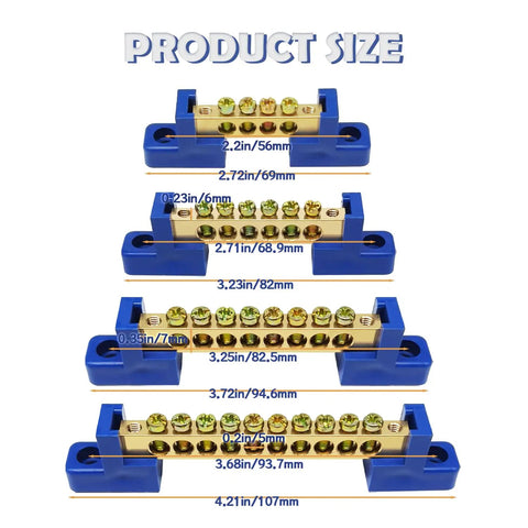 Heavy Duty Grounding Bus Bar Kit 4 Pack dimensions showing sizes and specifications of each terminal block with brass and blue design.