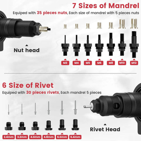 2 In 1 Cordless Rivet Nut Tool Kit For Drill Converts Your Drill Into A Pro Rivet Gun With 7 Metric Mandrels, 6 Rivet Head Sizes
