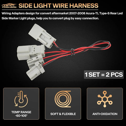 Acura TL 2007 2008 Type S Rear Side Marker Lights Wiring Harness Adapter Kit shown with connectors and red-black wires