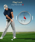Golfer using Game Changing Golf Range Finder With Slope And 1200 Yard Capability Light Adaptive Display In Any Lighting Conditions 7x Magnification