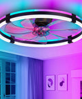 Sleek 24 Inch Rgb Ceiling Fan With Built In Lights And Wireless Remote, Low Profile Flush Mount Setup, Adjustable Cool To Warm Dimming, Whisper Quiet Bladeless Design, Total Room Vibe For Bedrooms Or Chill Spaces, under colorful lighting.