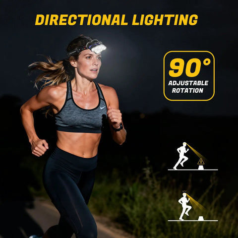 Woman running at night wearing Rechargeable 8 LED Headlamp With White And Red Light IPX4 Waterproof Head Torch for outdoor activities