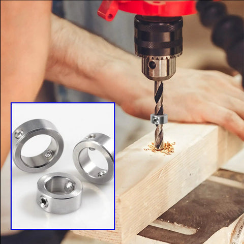 Depth Stop Collar Set For Drill Bits 3 To 16 Millimeters, 12-Piece Stainless Steel Kit in use on a drill, highlighting collars.