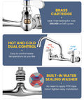 Built Tough Commercial Sink Faucet With Eight Inch Swivel Spout And Dual Brass Handles For Laundry Or Restaurant Setup Featuring No Sweat Install And Slick Chrome Finish showing brass cartridge and dual control.