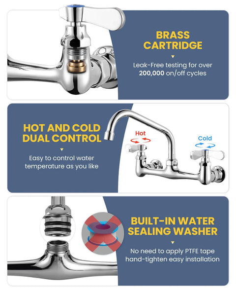 Built Tough Commercial Sink Faucet With Eight Inch Swivel Spout And Dual Brass Handles For Laundry Or Restaurant Setup Featuring No Sweat Install And Slick Chrome Finish showing brass cartridge and dual control.