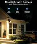 SZPOWER 2K Floodlight Camera, 3000K Hardwired Smart Security Camera Outdoor mounted beside front door in warm light at night.