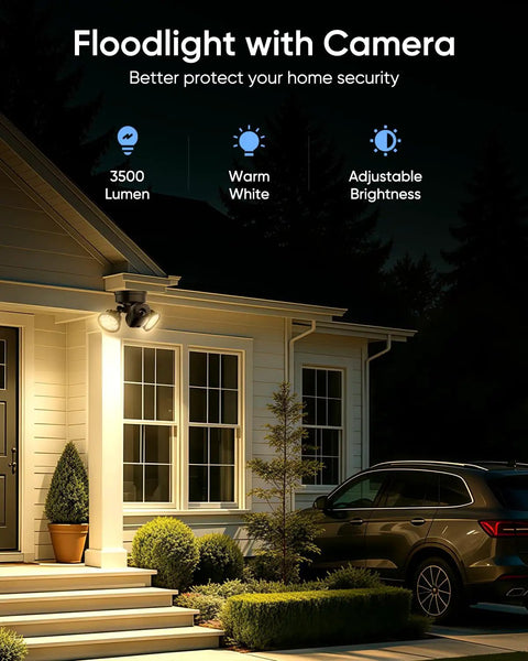 SZPOWER 2K Floodlight Camera, 3000K Hardwired Smart Security Camera Outdoor mounted beside front door in warm light at night.