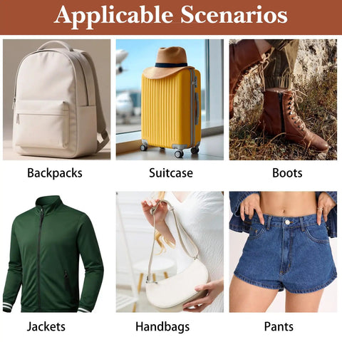 Image displaying various applicable scenarios including a backpack, suitcase, boots, jacket, handbag, and pants.