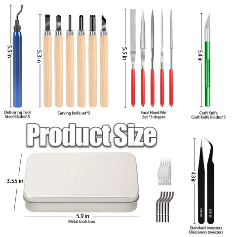 Miluosong 25pc precision tool kit with deburring tool, carving knives, hand files, craft knife blades