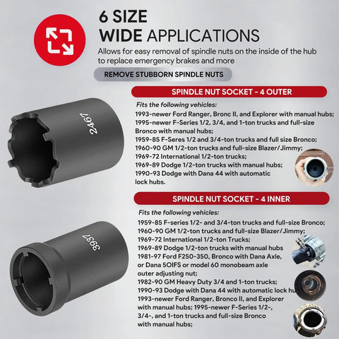 6 Pack Spindle Nut Socket Set With One Half Inch Drive Heavy Duty Tool Kit For Ford F Series GM Toyota And Dana Axles Removes And Installs 4 Slot And 6 Slot Spindle Nuts With Storage Case Lug Out Nut Sockets Remover Puller Kit displaying two sizes with applications.