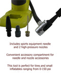 18 Volt One Plus Tire Inflator Bundle With Battery And Charger And Buho Flashlight showing nozzle and needle accessories