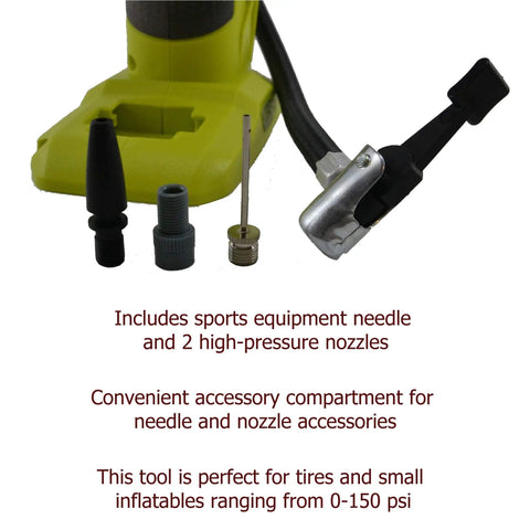 18 Volt One Plus Tire Inflator Bundle With Battery And Charger And Buho Flashlight showing nozzle and needle accessories