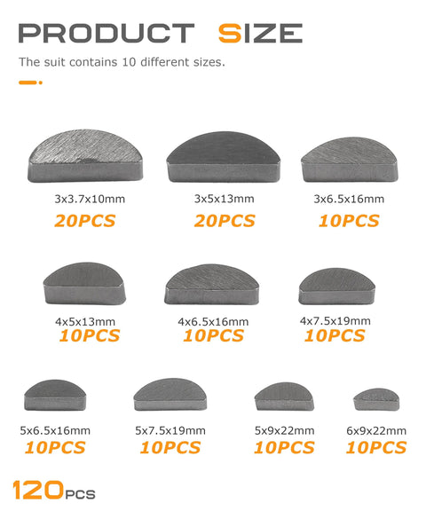 Amazon SCUARI Woodruff key set, 120-piece half-moon steel keys in 10 sizes, for flywheel applications.