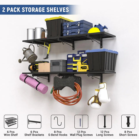2 Pack Heavy Duty Garage Wall Shelves With 46 By Twelve Point Five Inch Floating Metal Shelves And Eight Hooks Wall Mounted Storage Rack Industrial Utility Organizer For Workshop Laundry Room Basement. Shelving holds various tools and equipment.