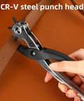 Heavy Duty 9 Inch Leather Hole Punch Tool Rotary Belt Hole Puncher with CR-V steel punch head in use on leather belt.