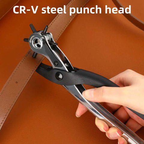Heavy Duty 9 Inch Leather Hole Punch Tool Rotary Belt Hole Puncher with CR-V steel punch head in use on leather belt.