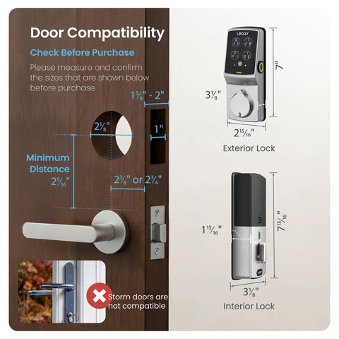 Door compatibility measurements for Heavy Duty Commercial Smart Deadbolt 10 Pack Fire Rated Keypad Lock installation requirements.