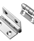 Front view of two silver aluminum torque position control hinges with mounting plates