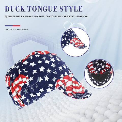 Three Pack 100 Percent Cotton Welding Cap For Men With Mesh Liner Sweat Wicking Breathable And Flame Resistant Welders Cap With Elastic Back Built For All Day Comfort in patriotic star and stripe pattern