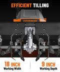 Close-up of 18 Inch Electric Garden Tiller With 9 Inch Tilling Depth, showing blades and design for efficient soil preparation.