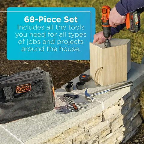 Power Up 20V Max Cordless Drill And 68 Piece Home Tool Kit With Storage Bag, Lithium Ion Battery, 11 Position Clutch, 66 Tools And Accessories For Quick Pro Grade Home Projects