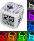 Purple Lavender Farm Wooden Cube LED Digital Alarm Clock displaying time, temperature, and ambient light features.