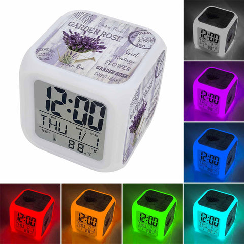 Purple Lavender Farm Wooden Cube LED Digital Alarm Clock displaying time, temperature, and ambient light features.
